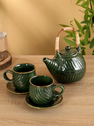Набор чайный «Флора 2», чайник, 2 кружки, 27×26×16 см, керамика, зелёный
