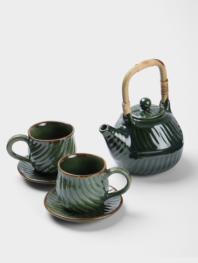 Набор чайный «Флора 2», чайник, 2 кружки, 27×26×16 см, керамика, зелёный