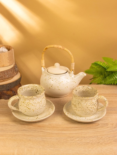 Набор чайный «Камень», чайник, 2 кружки, 27×24×16 см, керамика, бежевый в крошку, МИКС