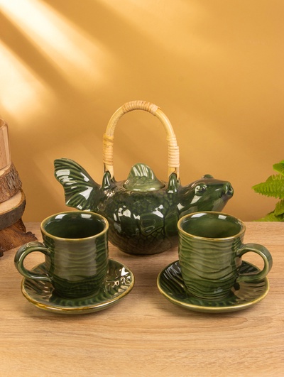 Набор чайный «Флора 3», чайник, 2 кружки, 25×21×17 см, керамика, зелёный