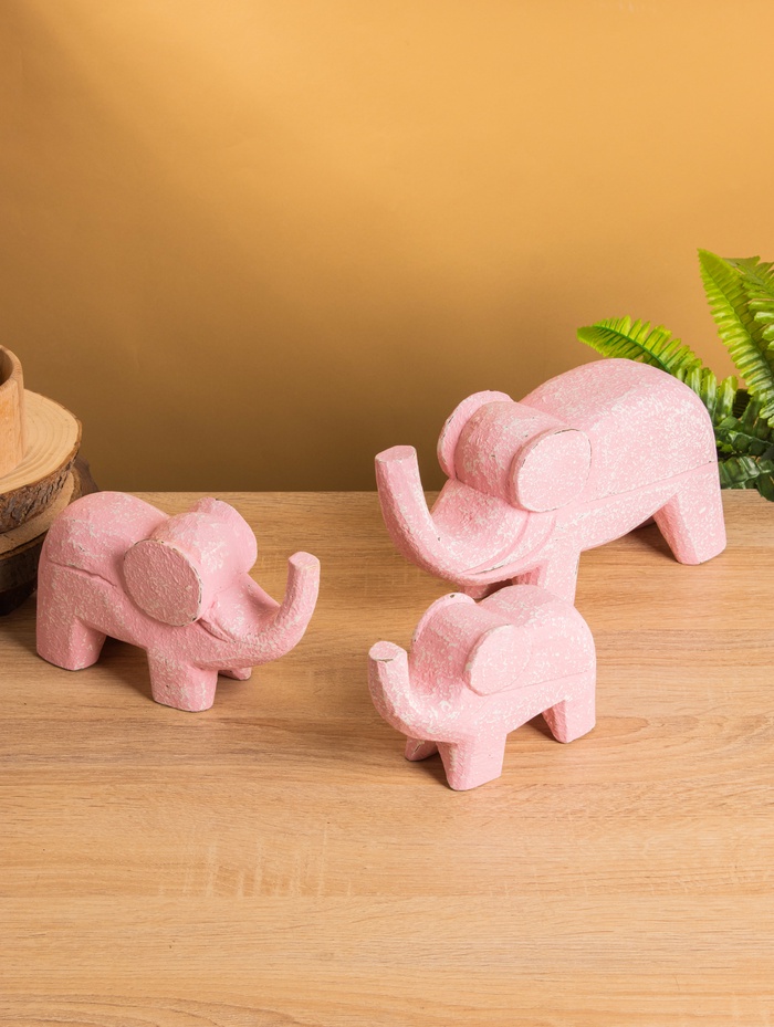 Набор сувенирный «Слоники», h=12.5 см, h=10.5 см, h=9 см, дерево, розовый
