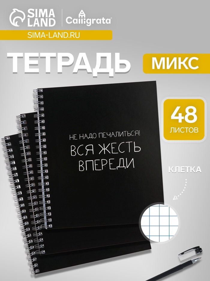 Тетрадь 48 листов в клетку, на гребне, Фразы на чёрном, МИКС - Фото 1