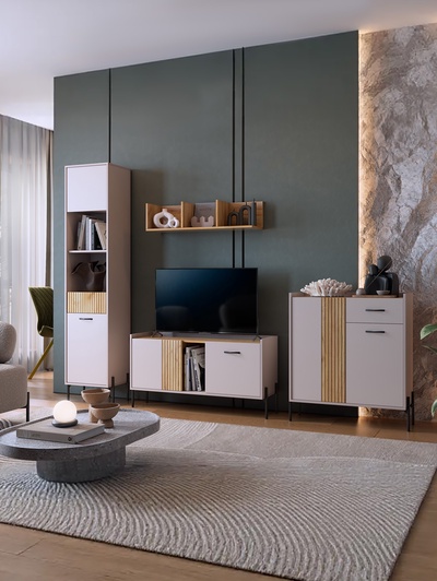 Гостиная под телевизор «Доминика К3», 2620×350×1950 мм, цвет кашемир/дуб крафт золотой