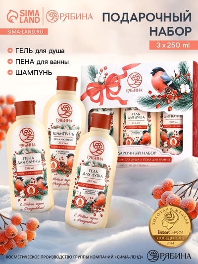 Подарочный набор косметики новогодний «С Новым годом и Рождеством», гель для душа, шампунь и пена для ванны 3×250 мл, РЯБИНА