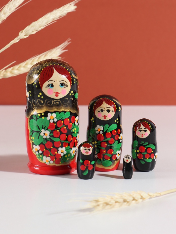 Матрёшка дерево «Хохлома», чёрная голова, 5-кукольная, 11-12 см - Фото 1
