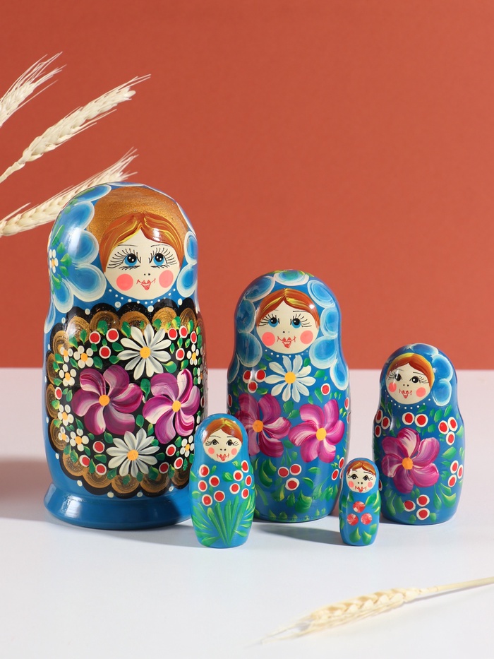 Матрёшка дерево «Любовь», синий платок, 5-кукольная, 19 см - Фото 1