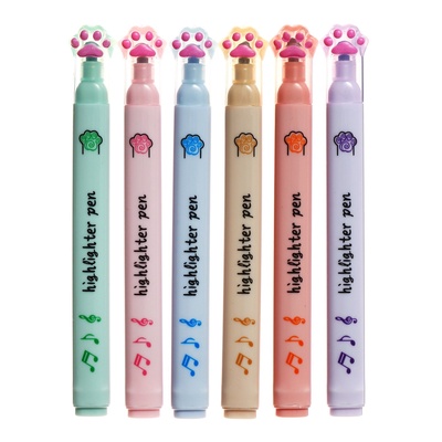 Набор маркеров-текстовыделителей 6 цветов, «Лапки с нотами»