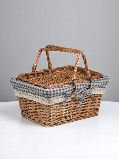 Плетёная корзина-лукошко, ткань, 2 ручки складные (внутри металл) с крышкой. 35×26 см, Н 18 см, Н с ручкам