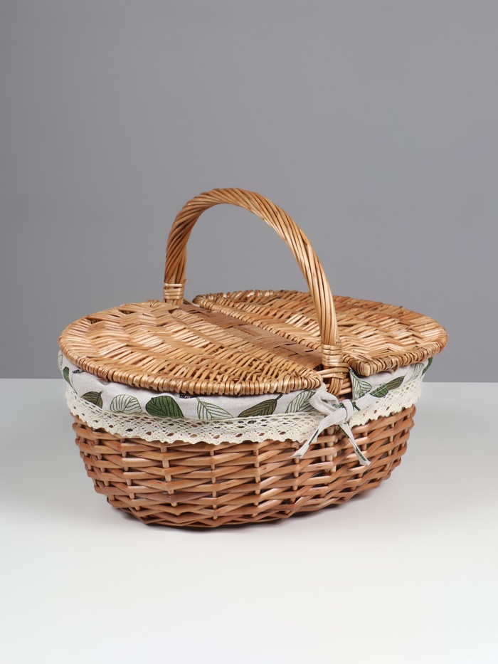 Корзина плетёная для хранения, 35×28×14.5 см, ручка h=14.5 см, лоза, с крышкой, тканевая вставка - Фото 1