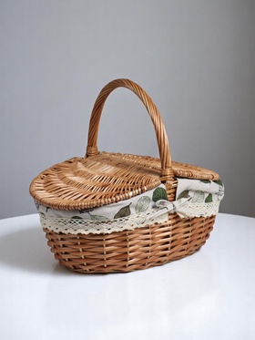 Плетёная корзина-лукошко, ткань внутри, 2е крышки, 33×25 см, Н 17/13 см, Н с ручкой 30 см, дно 23×16 см 1 10890244