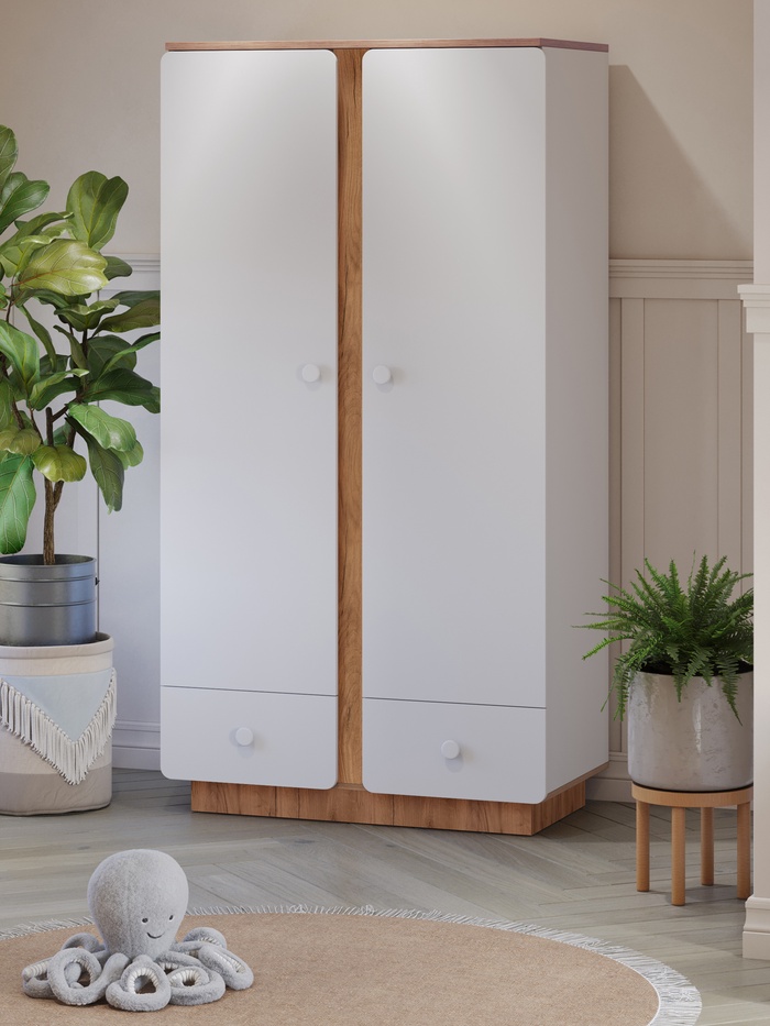 Шкаф двухсекционный Polini kids Ameli 4010, с ящиками, белый-дуб крафт золотой
