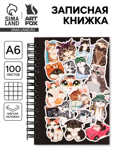 Записная книжка А6, 100 листов, в клетку «Мемные коты»