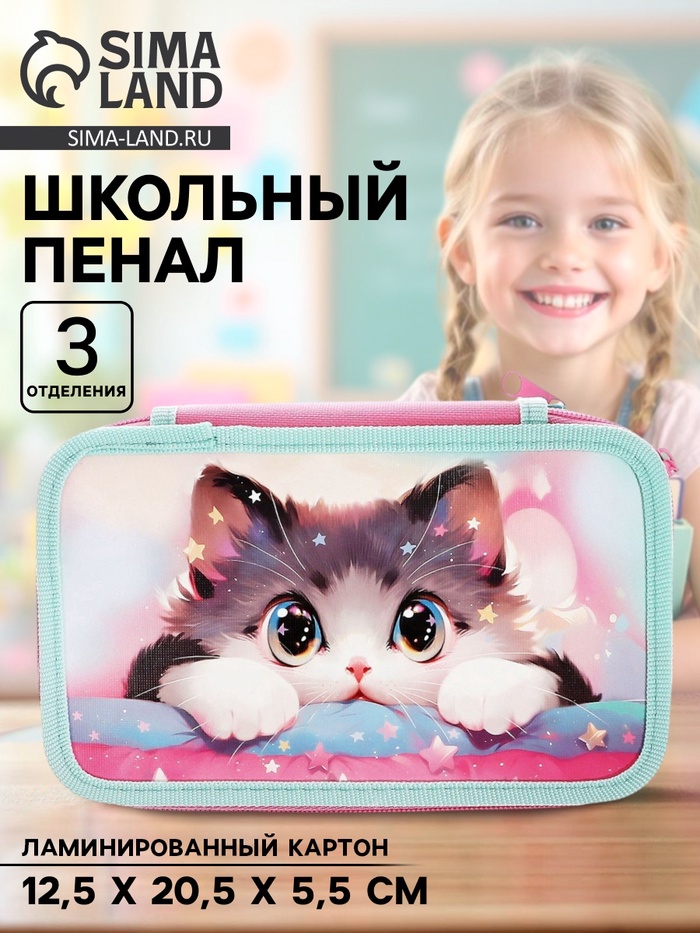 Пенал школьный, 3 секции, 12.5×20.5×5.5 см «Кот Корея» - Фото 1