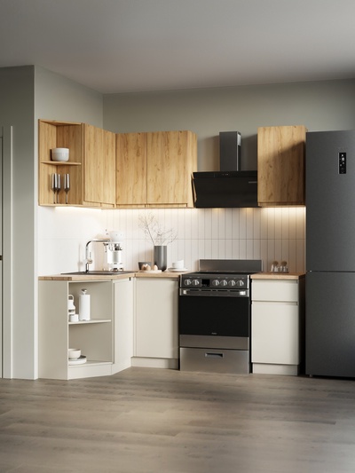 Кухонный гарнитур угловой «Лира», с столешницей, 1300×2000 мм, цвет кашемир/дуб крафт золотой/дуб кера