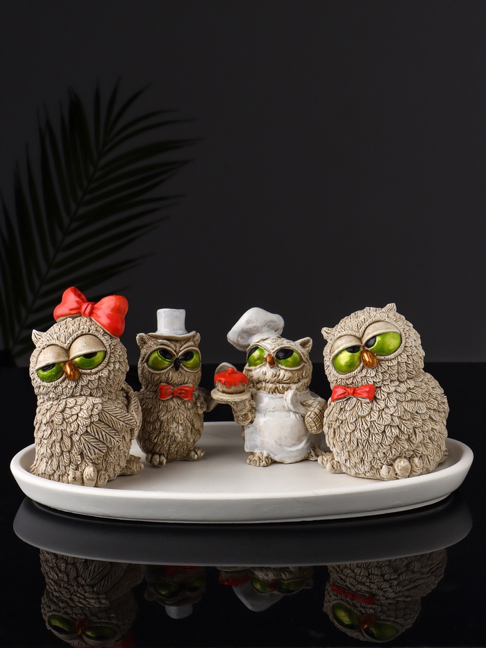 Набор фигурок «4 совы на подносе», 20×10×10 см, бежевый