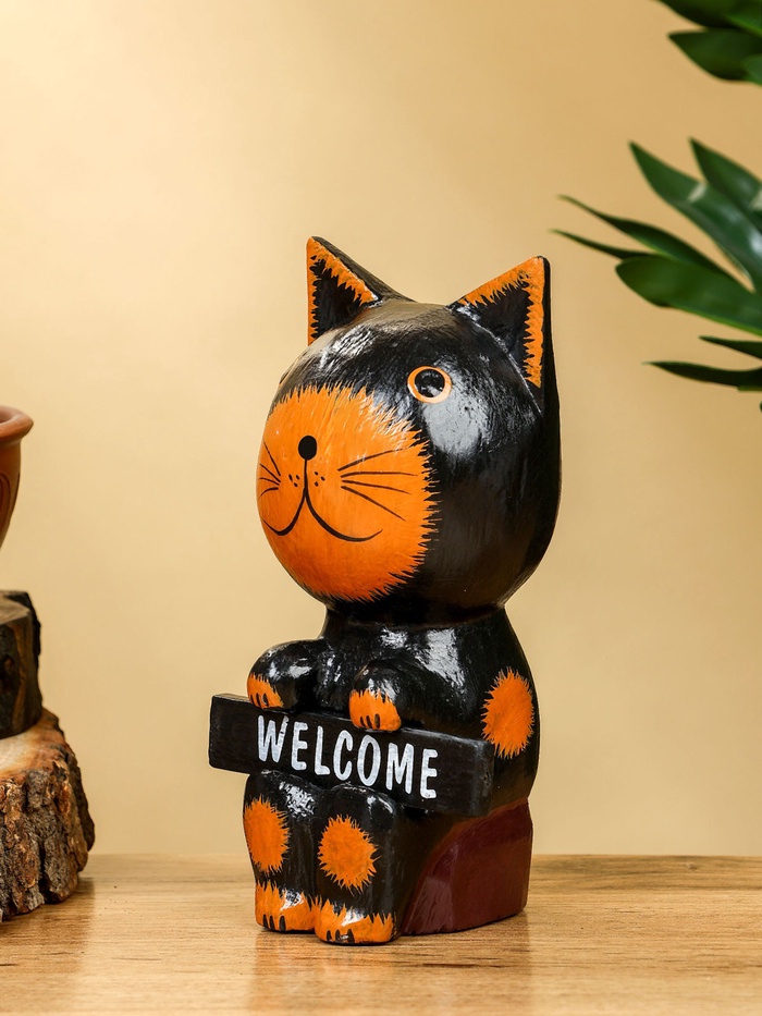 Сувенир «Кот с табличкой WELCOME», 10×7×16 см, дерево, чёрно-рыжий