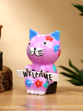 Сувенир "Кот с табличкой WELCOME" дерево 8х5х10 см, цв. сиреневый