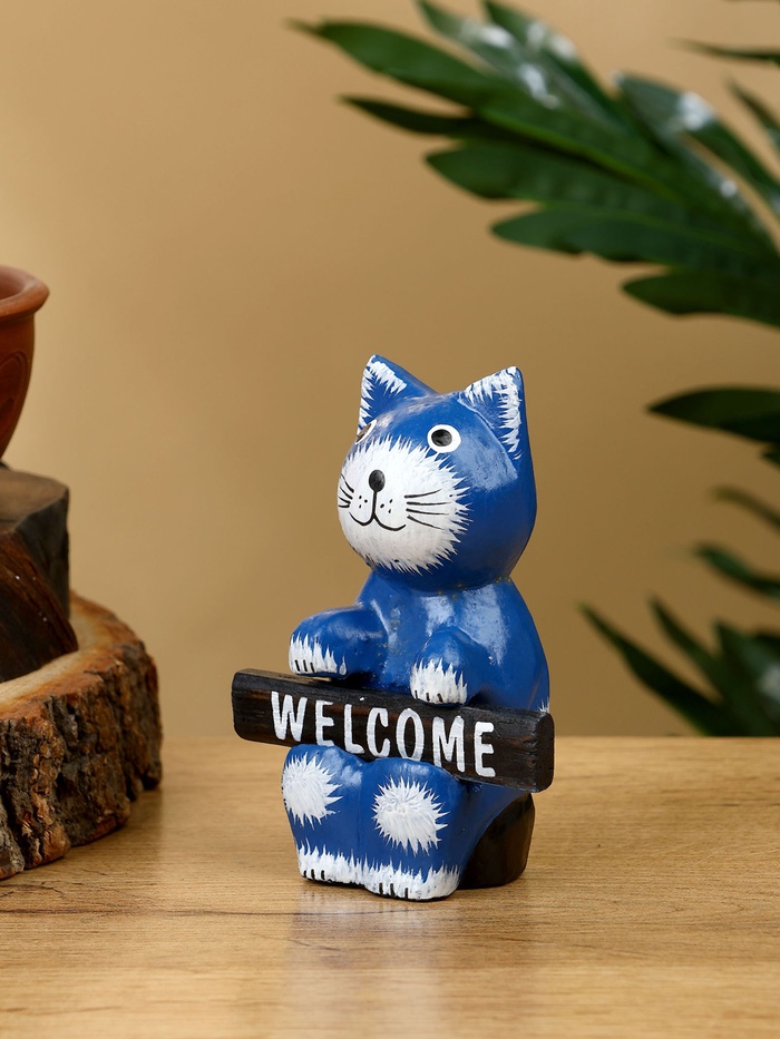 Сувенир «Кот с табличкой WELCOME», 8×4×10 см, дерево, синий