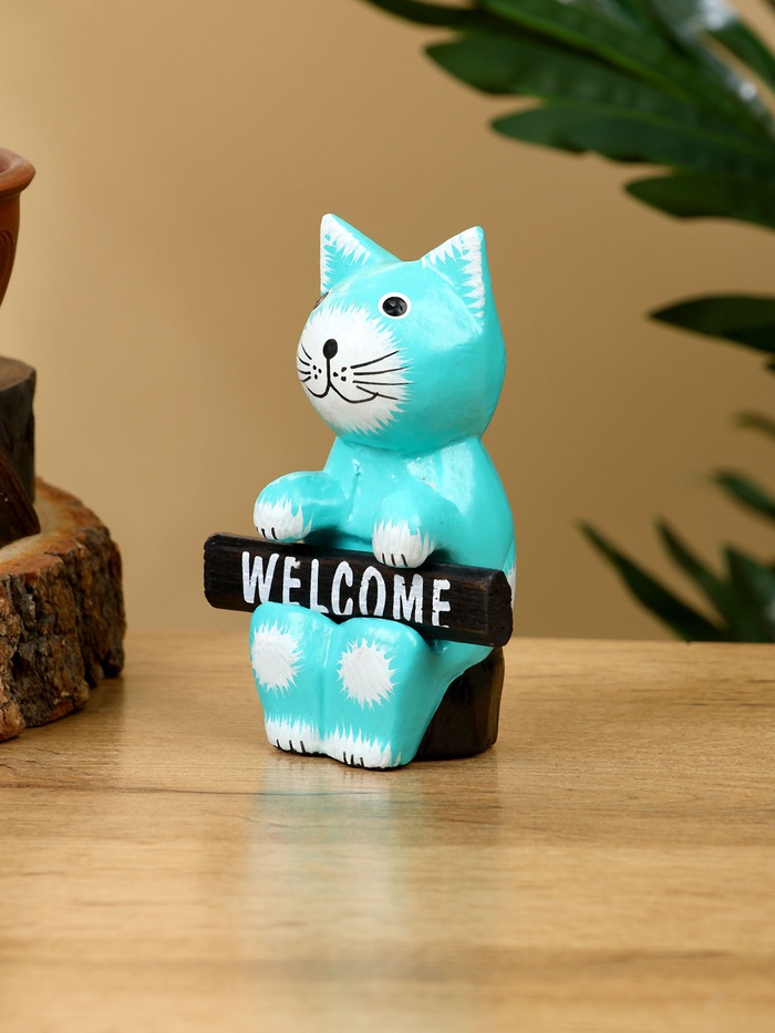 Сувенир «Кот с табличкой WELCOME», 8×4×10 см, дерево, бирюзовый