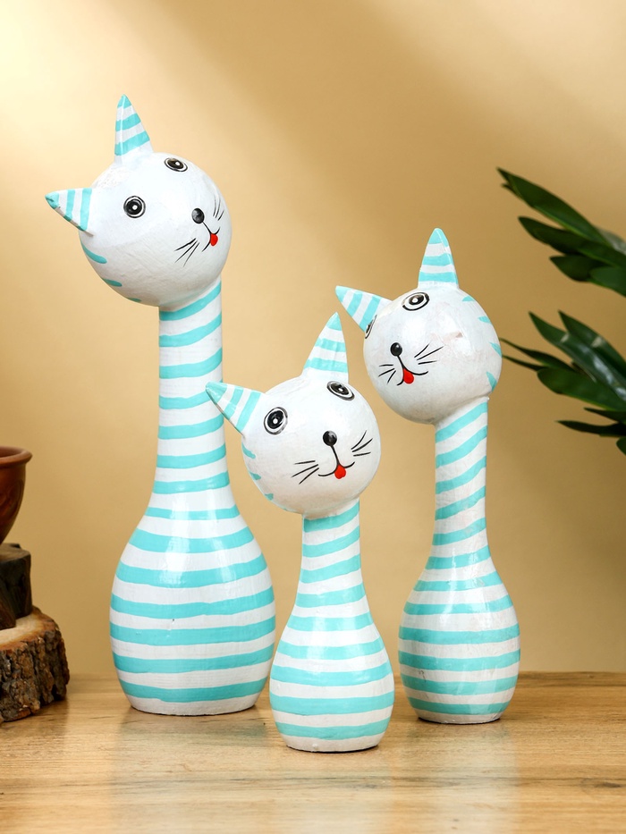 Набор сувенирный «Полосатые коты», h=27 см, 22 см, h=17 см, дерево, бело-бирюзовый