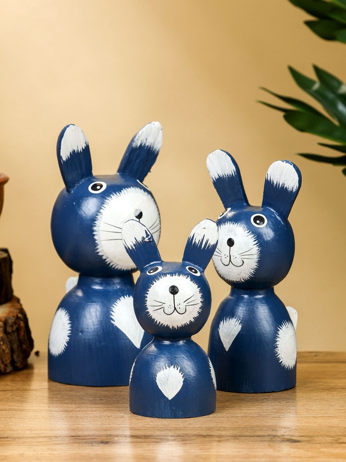 Набор сувенирный «Зайки», h=14 см, h=12 см, h=9 см, дерево, синий