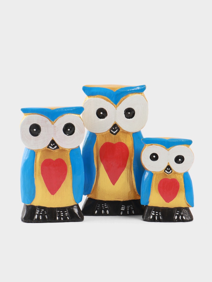 Набор сувенирный «Совята с сердечком», h=15 см, h=13 см, h=11 см, дерево, голубой с золотом - Фото 1