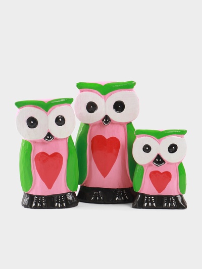 Набор сувенирный «Совята с сердечком», h=15 см, h=13 см, h=10 см, дерево, розово-зелёный