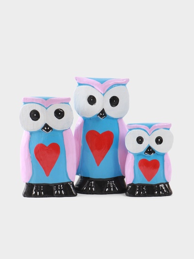 Набор сувенирный «Совята с сердечком», h=15 см, h=13 см, h=11 см, дерево, сиренево-голубой