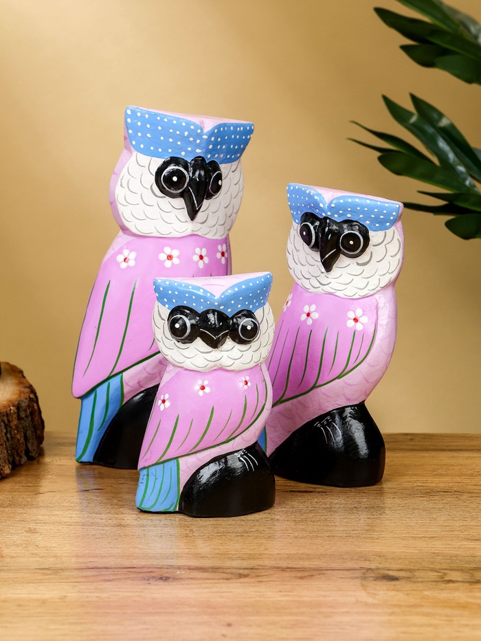 Набор сувенирный «Совы», h=17 см, h=14.5 см, h=11 см, дерево, сиреневый