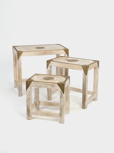 Табурет, 3 шт., 35×25×37.5 см, 48×30.3×45 см, 60×35×53 см, дерево, белый с золотым