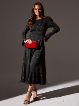 Платье с завязками на талии миди женское MINAKU Flower, размер 42, чёрное, красное