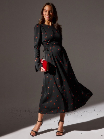 Платье с завязками на талии миди женское MINAKU Flower, размер 46, чёрное, красное