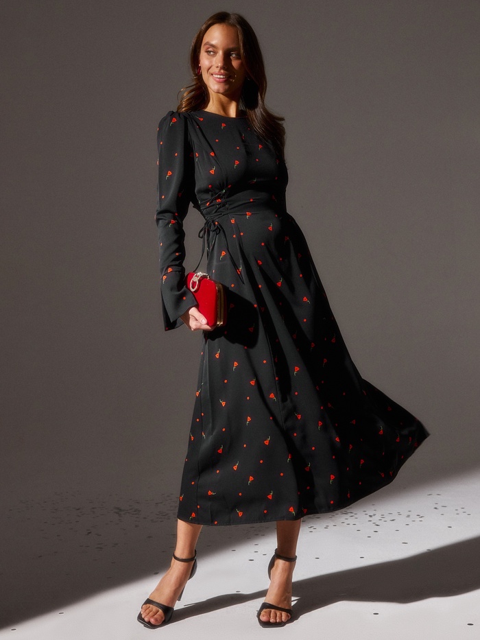 Платье с завязками на талии миди женское MINAKU Flower, размер 46, чёрное, красное - Фото 1