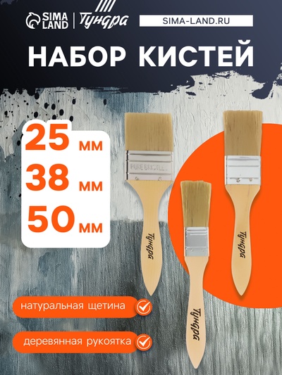 Набор кистей ТУНДРА, натуральная щетина, деревянная рукоятка, 1-1.5-2" (25, 38, 50 мм)