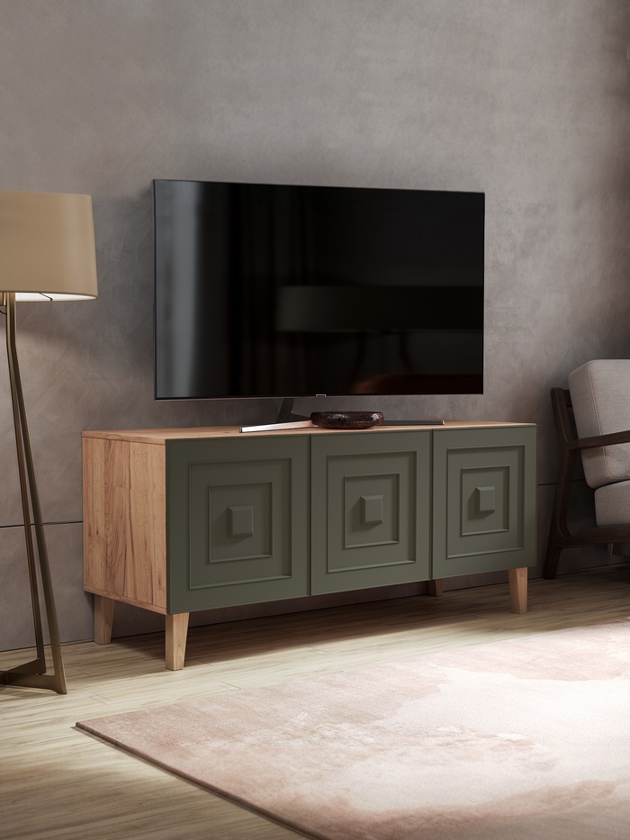 Тумба под ТВ «Клео», на ножках, 1352×466×600 мм, цвет дуб золотой/моно грин МДФ - Фото 1