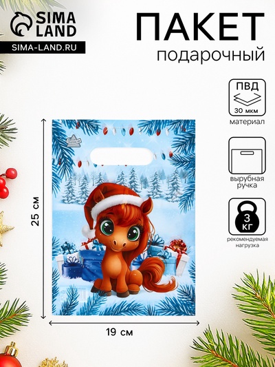 Пакет подарочный новогодний «Поняшка», полиэтиленовый с вырубной ручкой, 19×25 см, 30 мкм