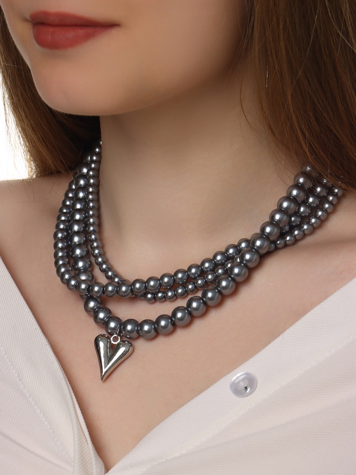 Колье «Акцент» сердце, под гематит, многослойное, серое в серебре - Фото 1