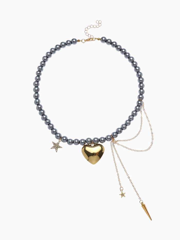 Колье «Акцент» сердце и звезда, под гематит, многослойное, серое в золоте - Фото 1