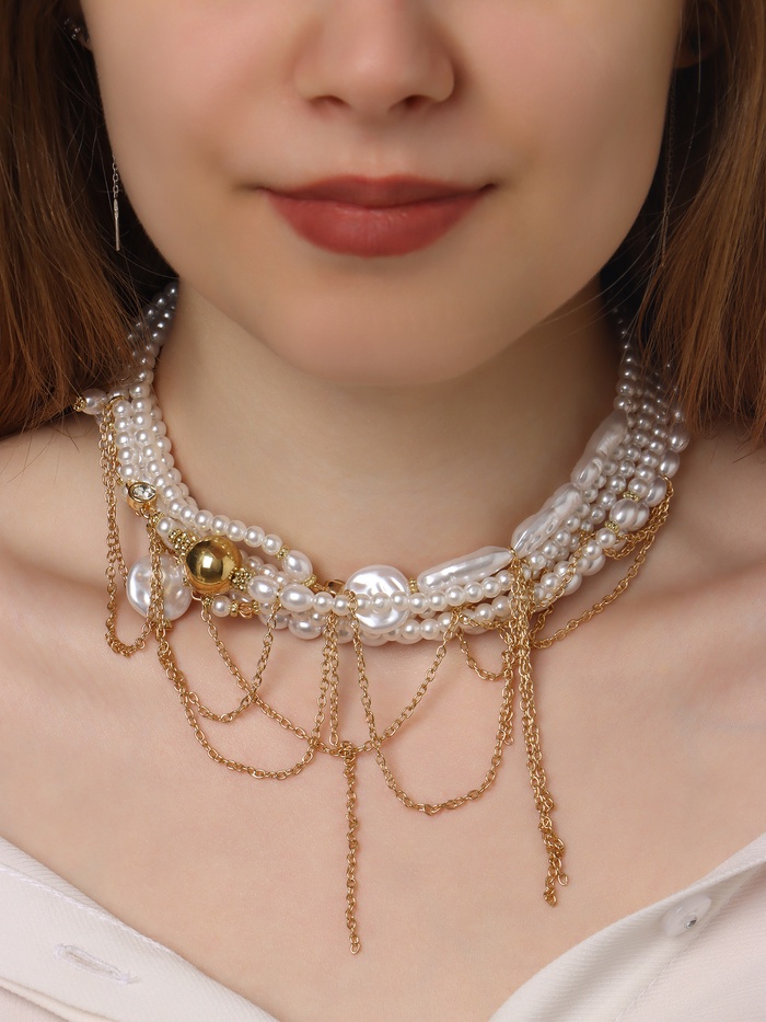 Колье «Многослойность» жемчужные бусины, белое в золоте - Фото 1