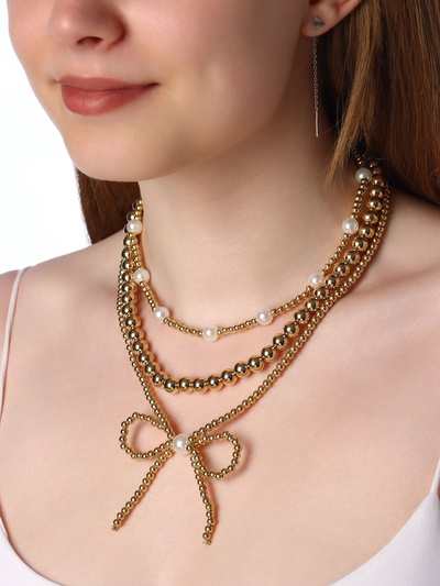 Колье «Многослойность» бантик, белое в золоте