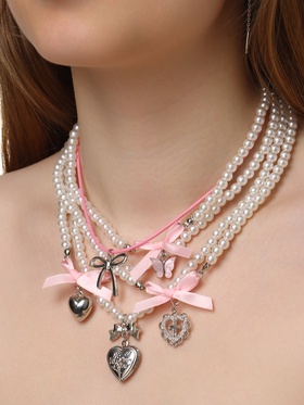 Колье «Бантик» набор 5 шт. бело-розовое в серебре
