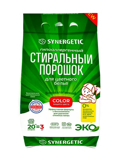 Стиральный порошок Synergetic Color, гипоаллергенный, 3 кг