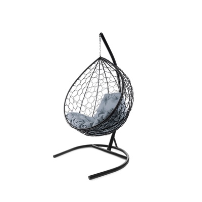 Подвесное кресло - кокон «Капля», 193×98×72 см, чёрное, на стойке, с ротангом, с серой подушкой