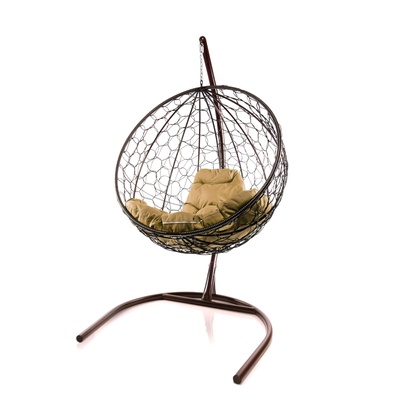 Подвесное кресло - кокон «Круг», с искусственным ротангом, 193×106×72 см, коричневое, бежевая подушка