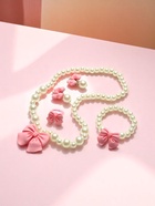 Набор детских украшений Выбражулька «Бант», 4 предмета: кулон, браслет d=6 см кольцо, клипсы, бело-розовый - Фото 2
