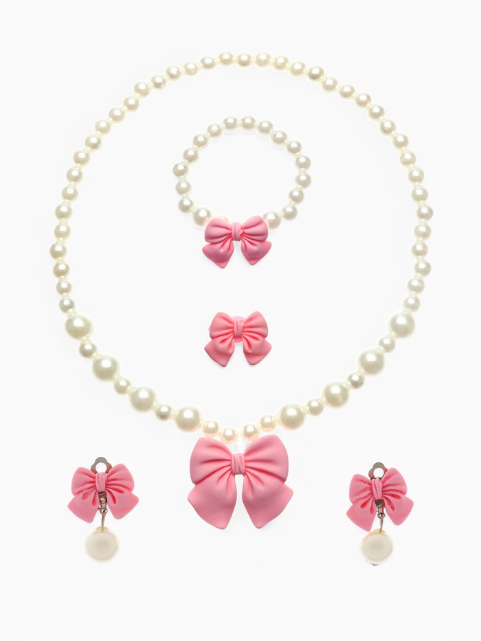 Набор детских украшений Выбражулька «Бант», 4 предмета: кулон, браслет d=6 см кольцо, клипсы, бело-розовый - Фото 1