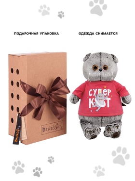 Мягкая игрушка «Кот Басик» 19 см, в лонгсливе с принтом «Супер кот»