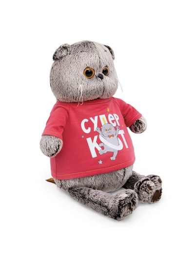 Мягкая игрушка «Кот Басик» 19 см, в лонгсливе с принтом «Супер кот»