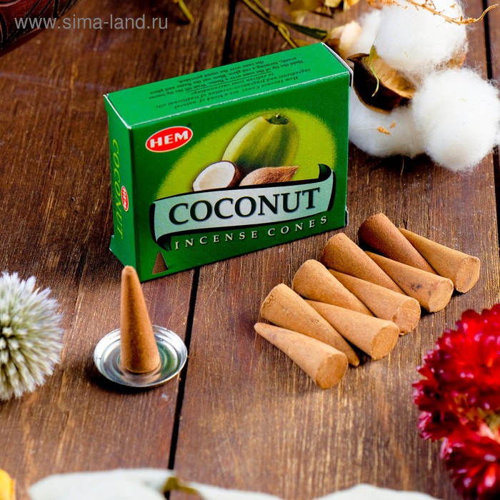 Благовония HEM "Coconut. Кокос", 10 конусов в упаковке - Фото 1