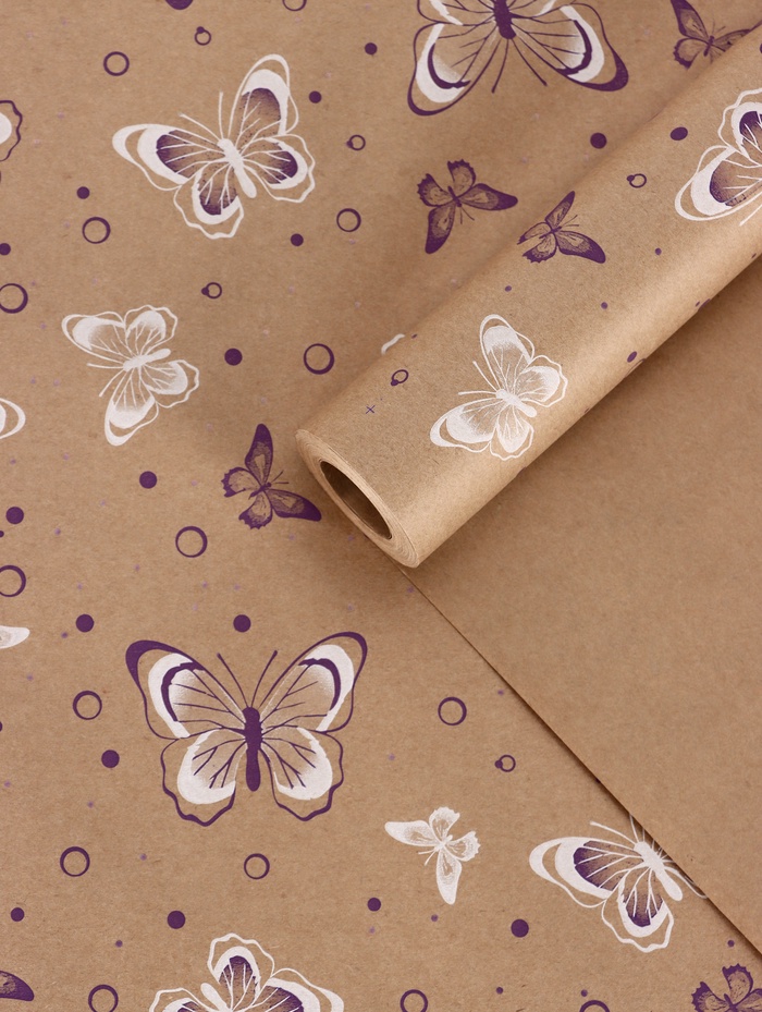Бумага упаковочная крафт «Бабочки», фиолетовый/белый, 0.72×10±5% м, 60 г - Фото 1